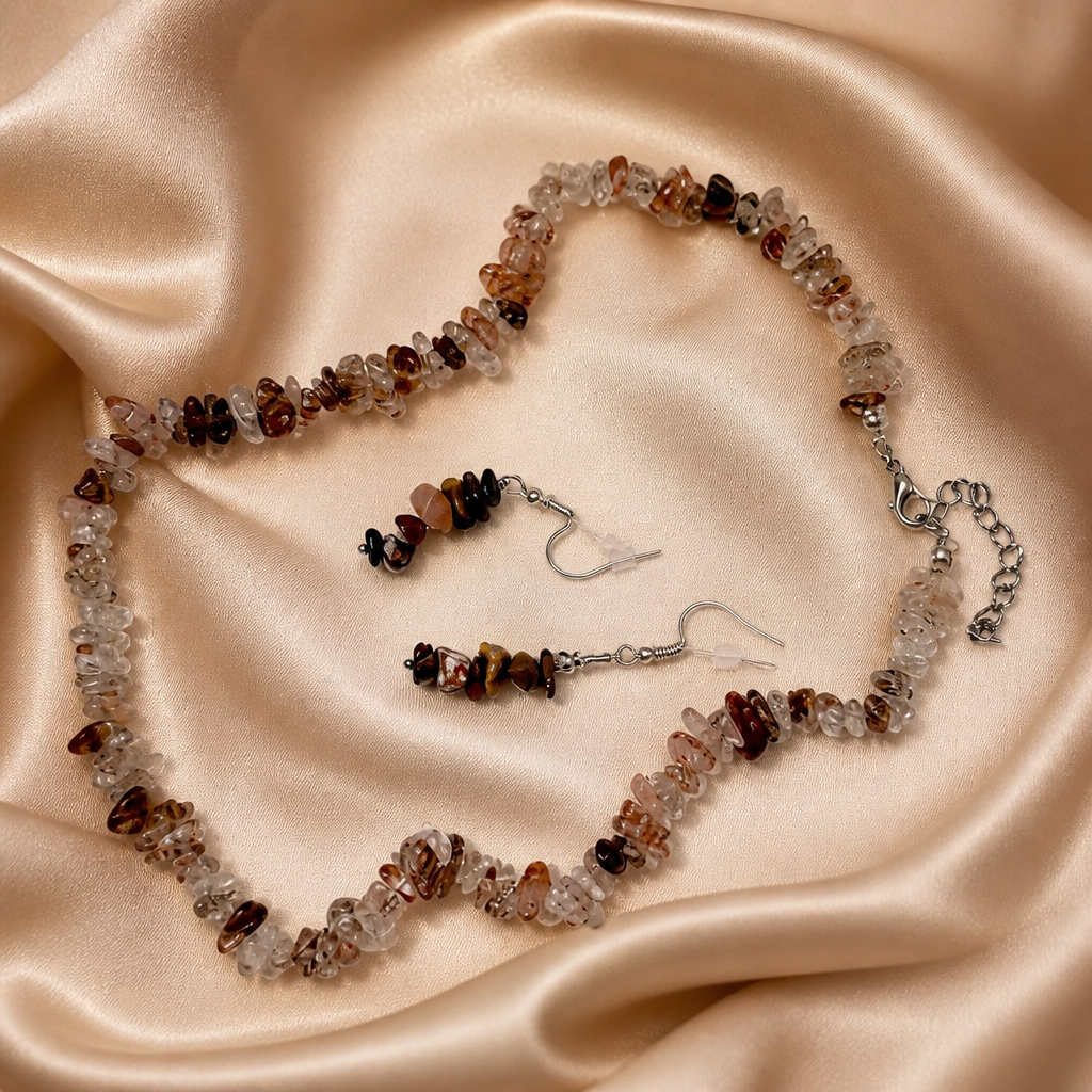 Parure Collier et Boucles d'Oreilles en Pierres Naturelles Bleu Nuit et marrons multicolores, verte d’agate.
