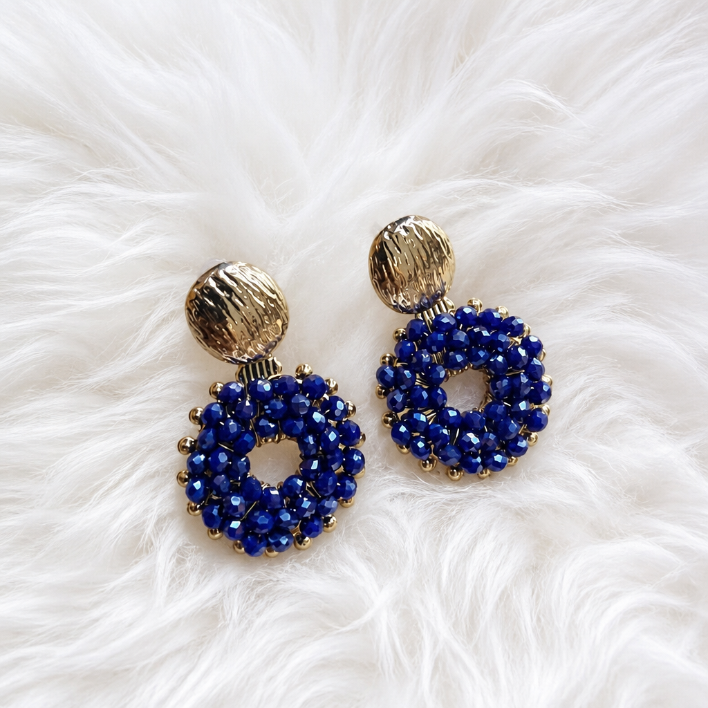 Boucles d'Oreilles Pendantes "Bleu Royal" en Cristal de Verre & Doré KC