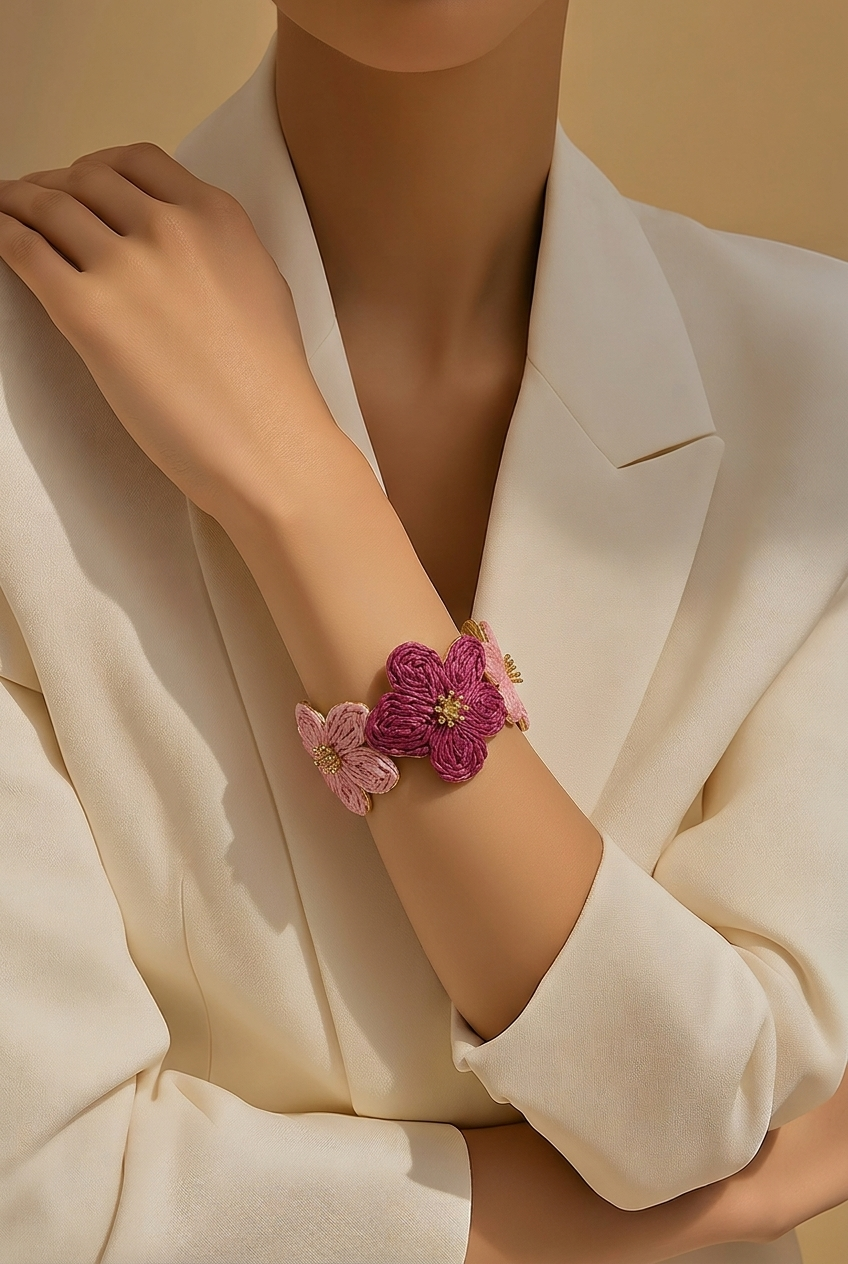 Parure "Éclat Botanique" : Bracelet Manchette & Boucles d’oreilles Fleurs en Raphia Rose
