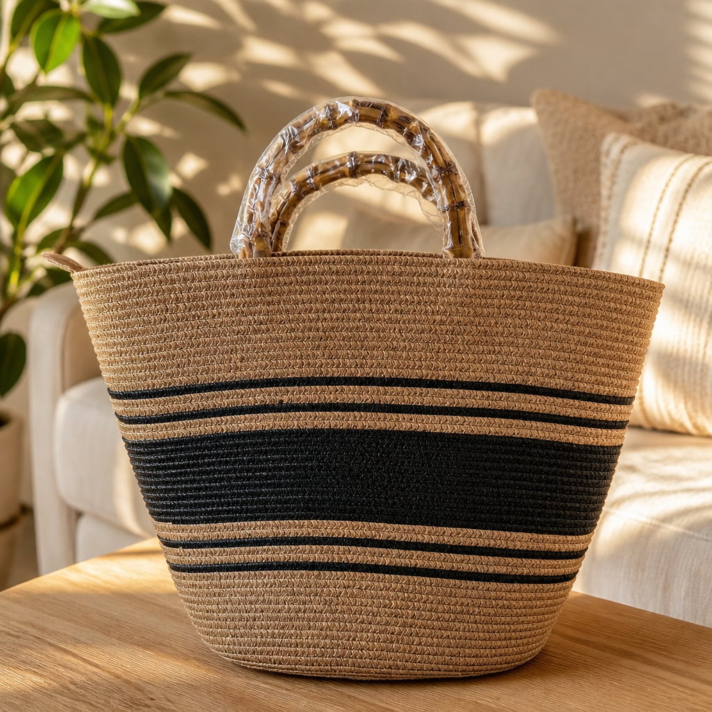 Sac Cabas de Plage Bohème Chic – Anses Effet Bambou & Rayures Noires