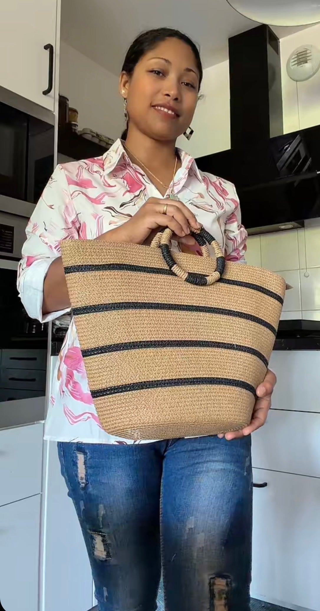 Grand Sac Cabas de Plage Graphique – Anses Rondes & Rayures Marines