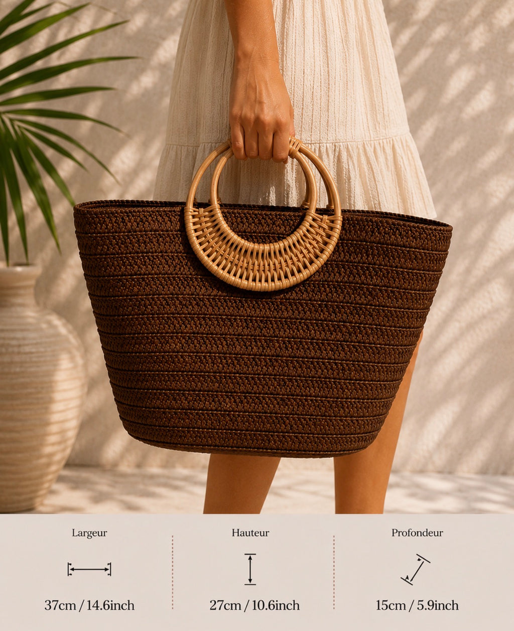 Sac Panier en Paille Tressée Chocolat – Anses Sculpturales en Rotin