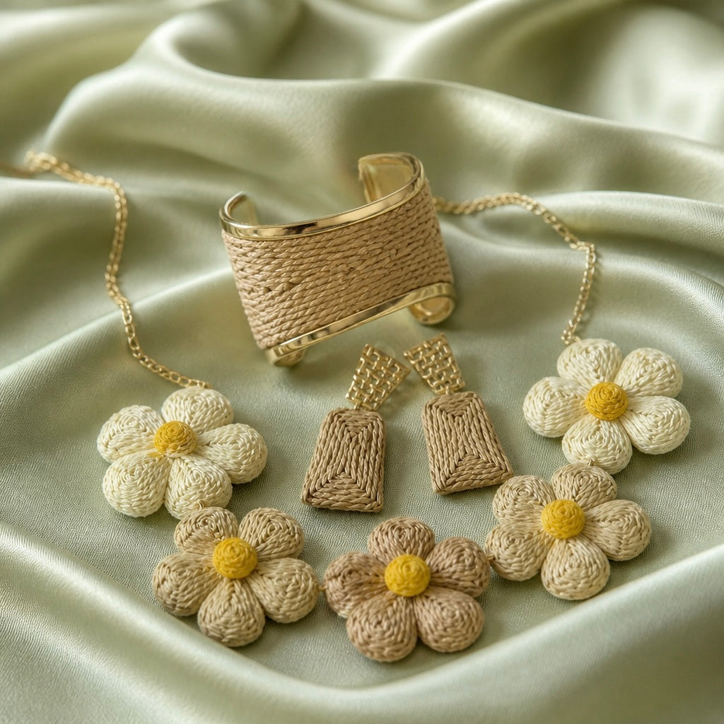 Ensemble Parure Bohème "Douceur Solaire" – Collier Floral, Bracelet Jonc & Boucles d'Oreilles