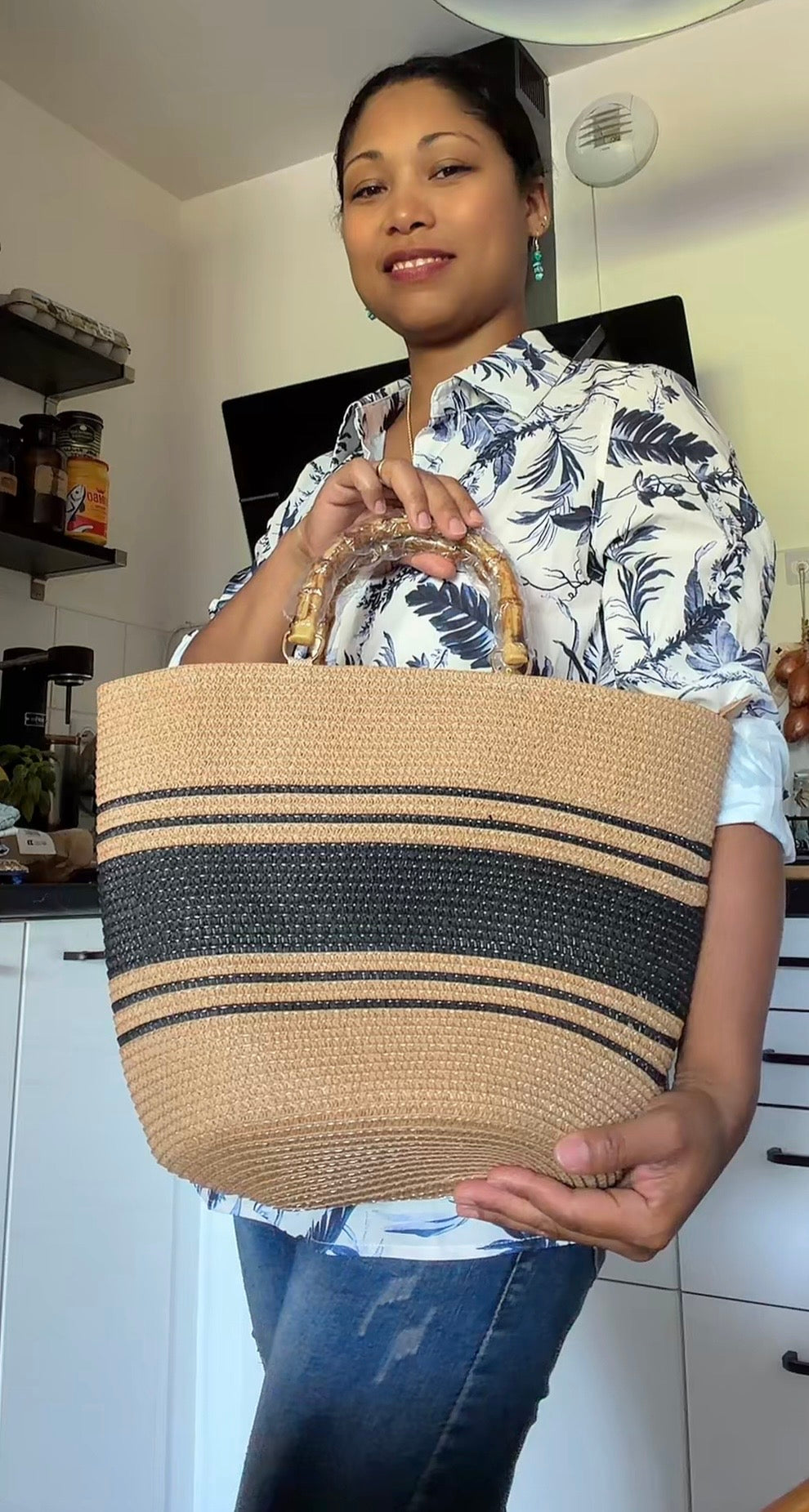 Sac Cabas de Plage Bohème Chic – Anses Effet Bambou & Rayures Noires