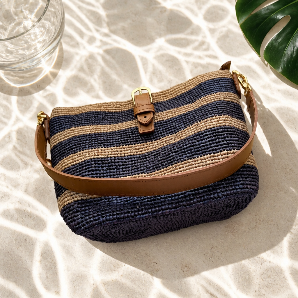 Sac Seau Artisanal Rayé en Raphia et Cuir Véritable de Vachette