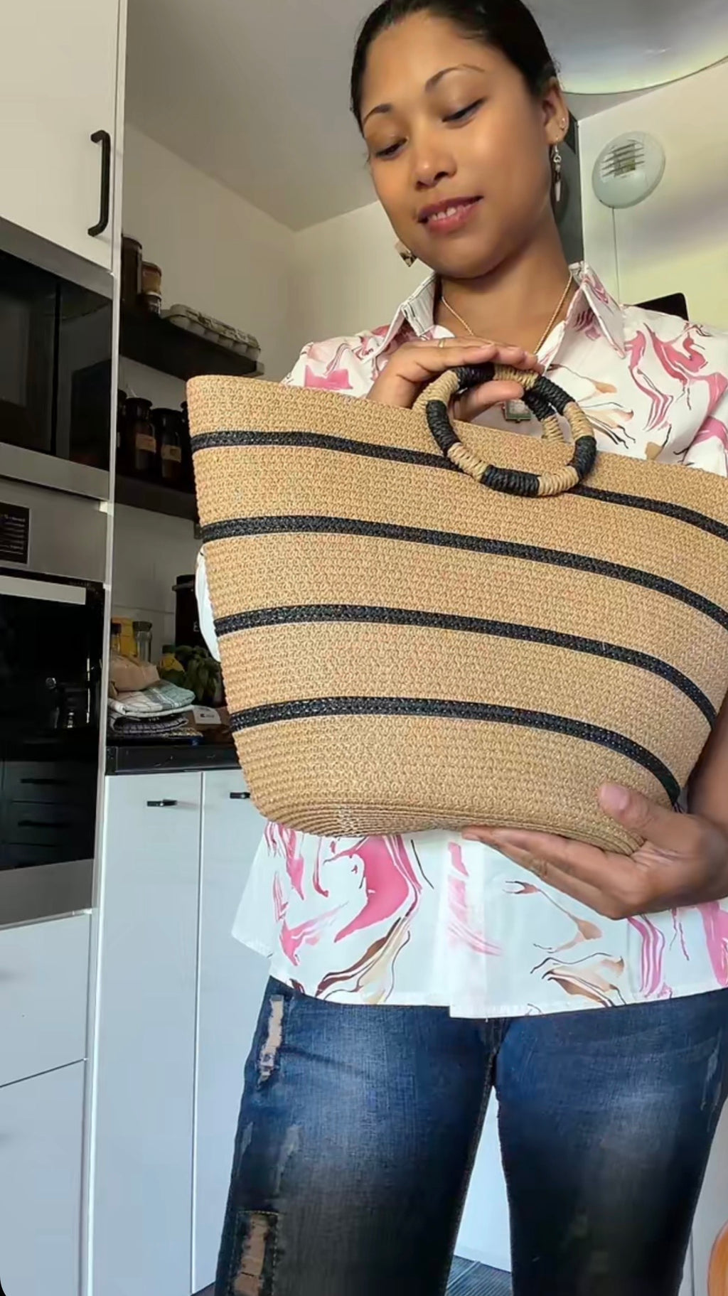 Grand Sac Cabas de Plage Graphique – Anses Rondes & Rayures Marines