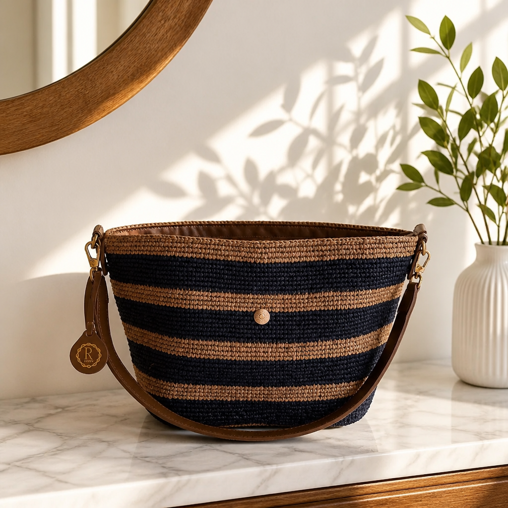 Sac Seau Artisanal Rayé en Raphia et Cuir Véritable de Vachette