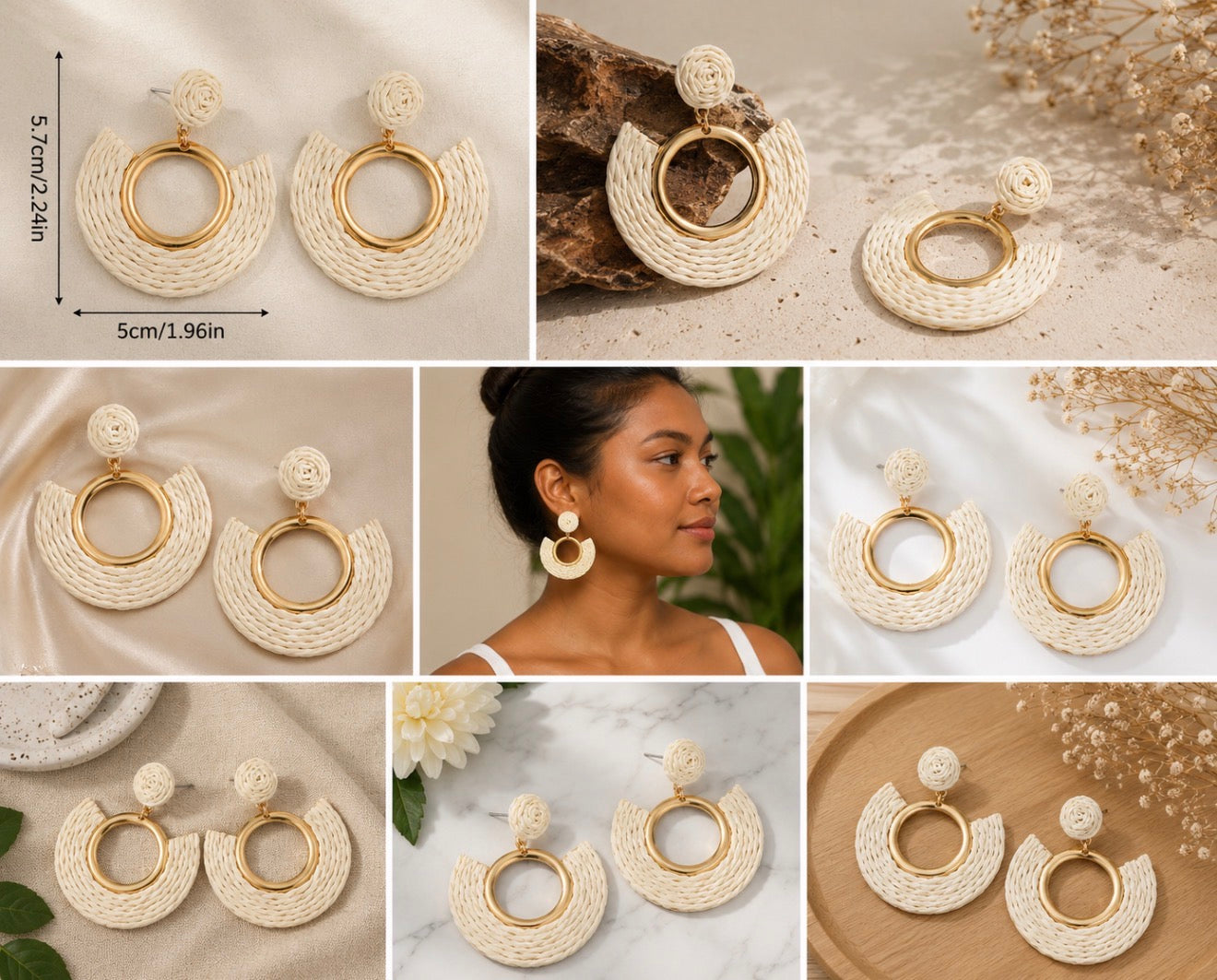 Boucles d'oreilles pendantes "Aura" en raphia tressé et finitions dorées