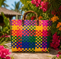 Grand Cabas Tressé Multicolore « Exotique Chic » – Anses en Bambou