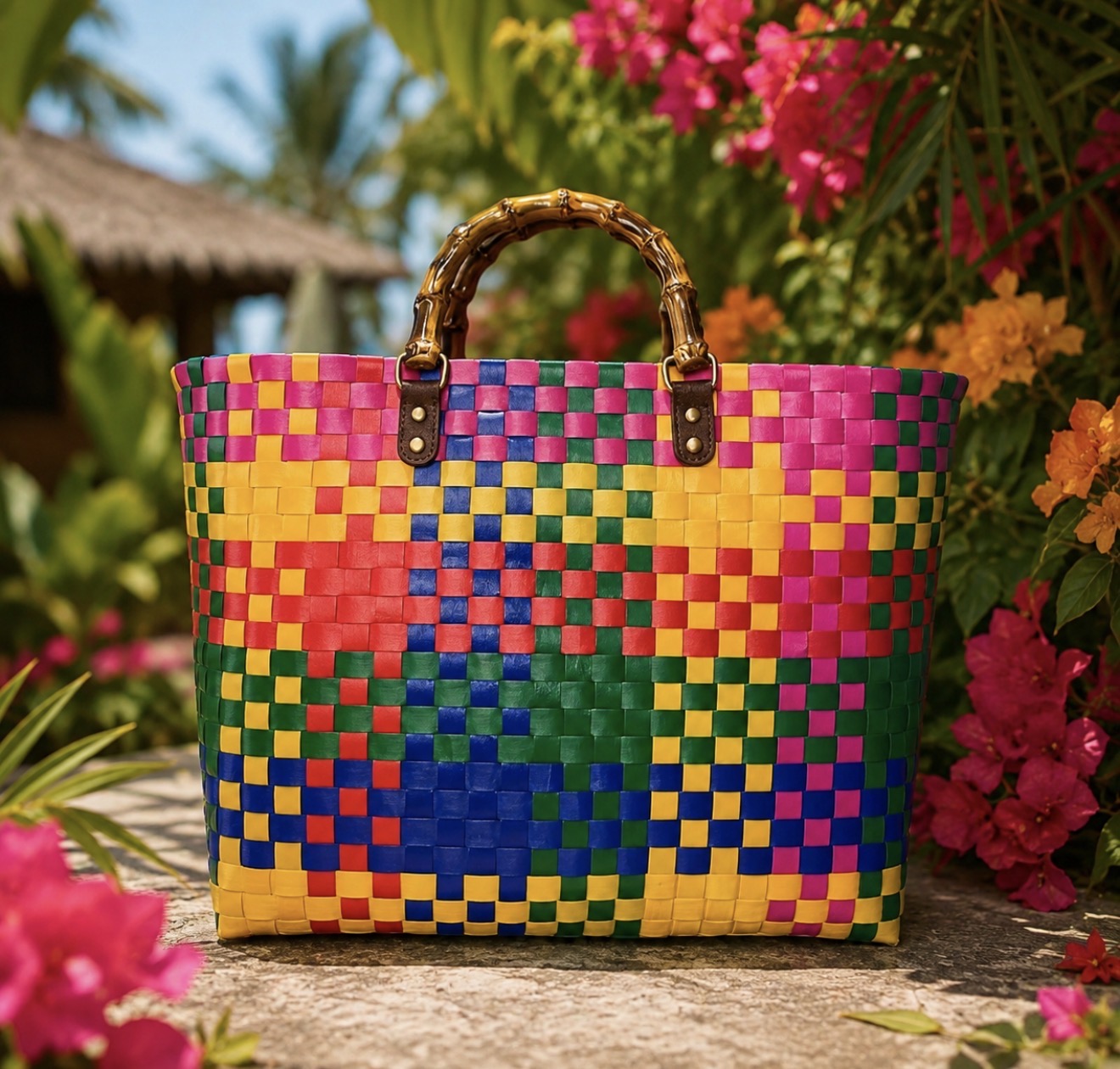 Grand Cabas Tressé Multicolore « Exotique Chic » – Anses en Bambou