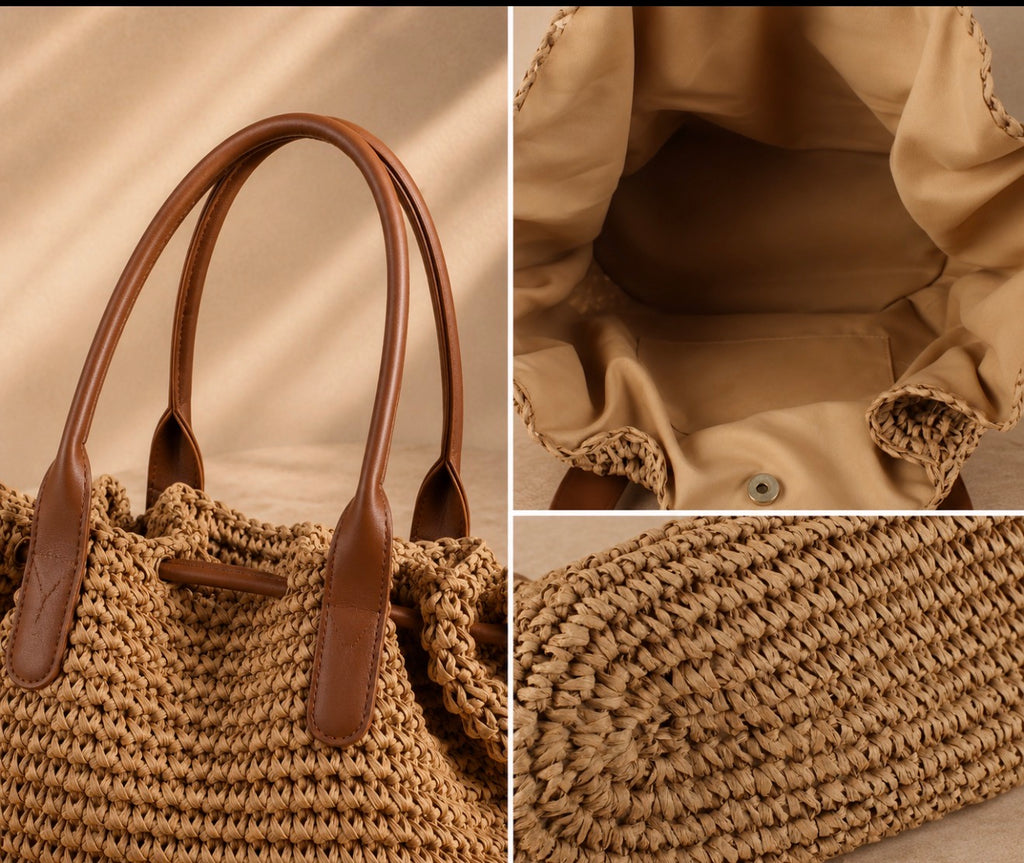 Sac Bohème Chic – Sac Seau Tressé & Boucles d'oreilles Rotin assorties