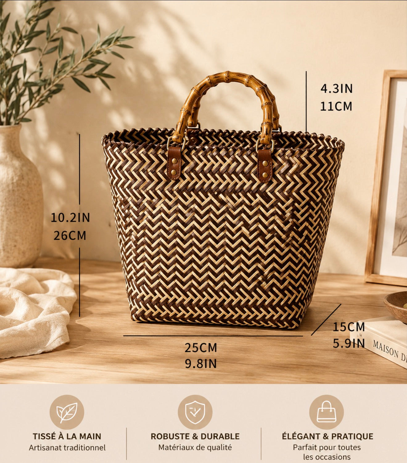 Grand Cabas Tressé Main Bicolore – L’Élégance Artisanale Authentique.