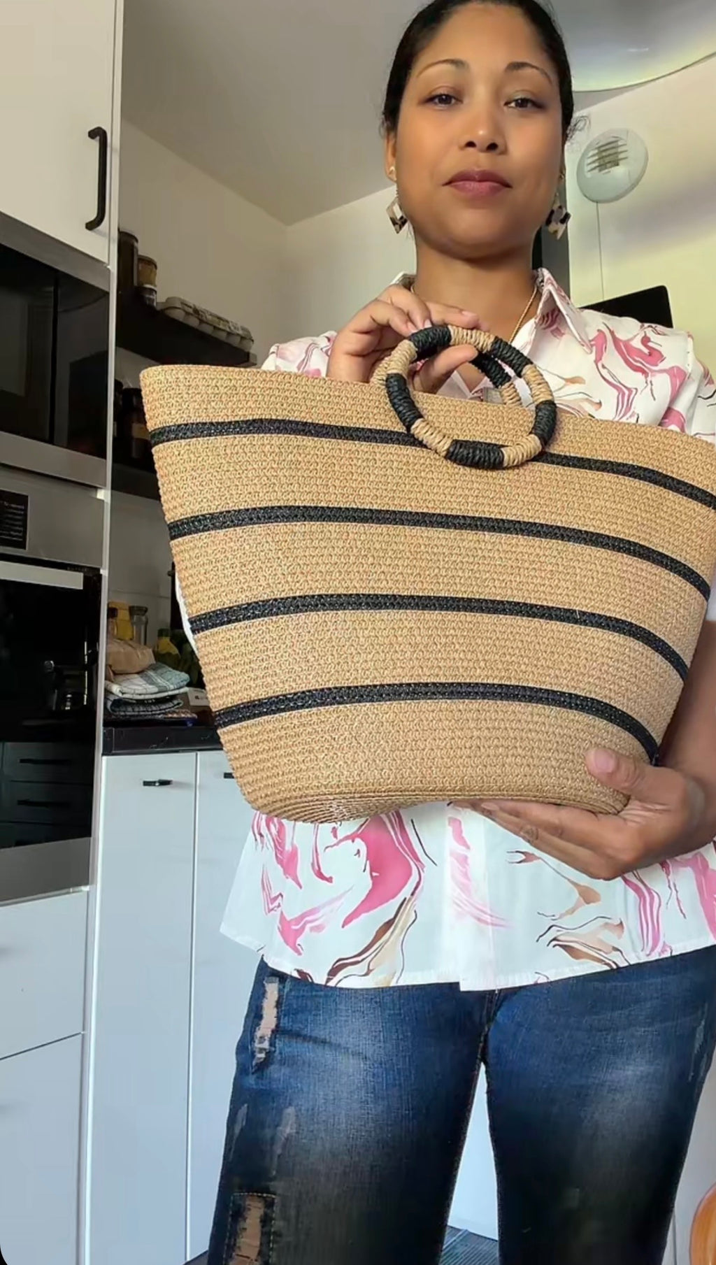 Grand Sac Cabas de Plage Graphique – Anses Rondes & Rayures Marines