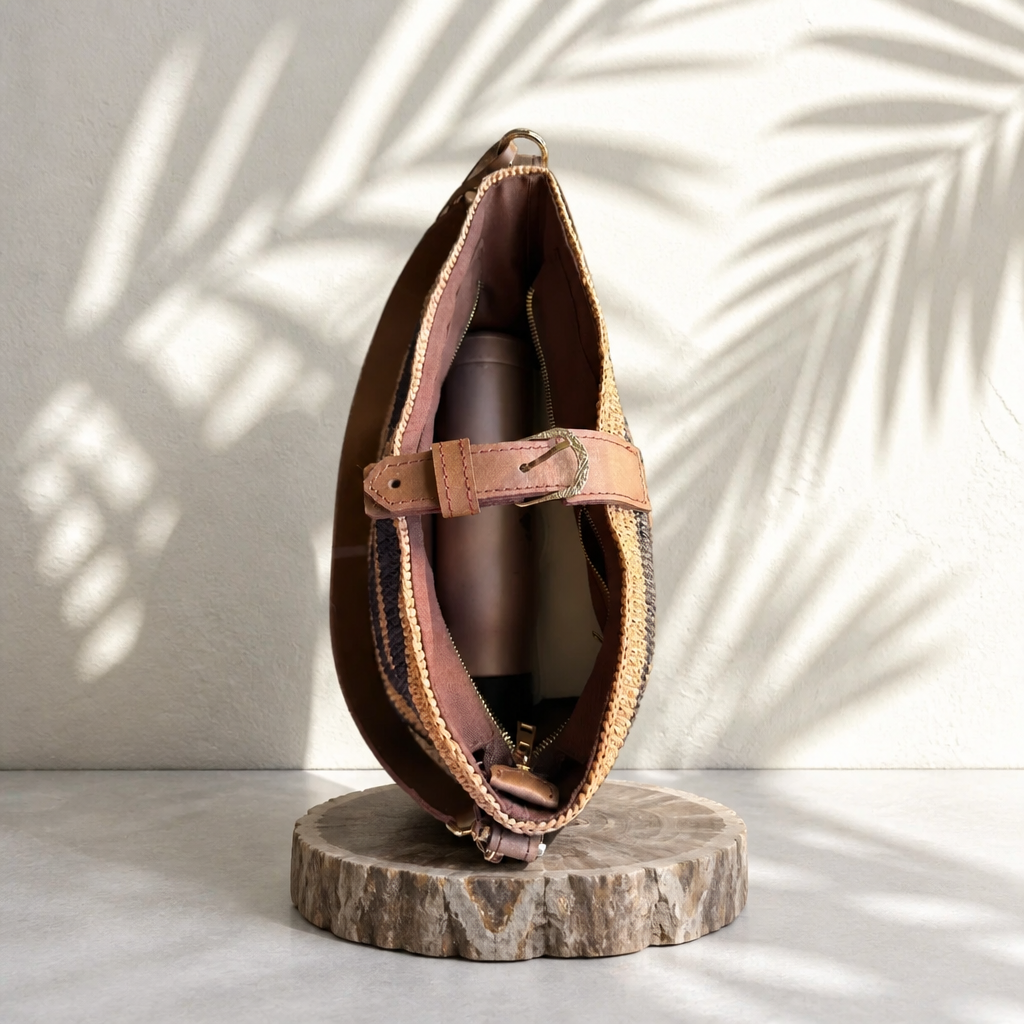 Sac Seau Artisanal Rayé en Raphia et Cuir Véritable de Vachette