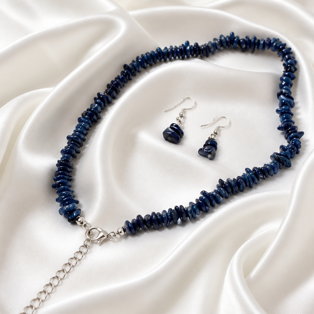 Parure Collier et Boucles d'Oreilles en Pierres Naturelles Bleu Nuit