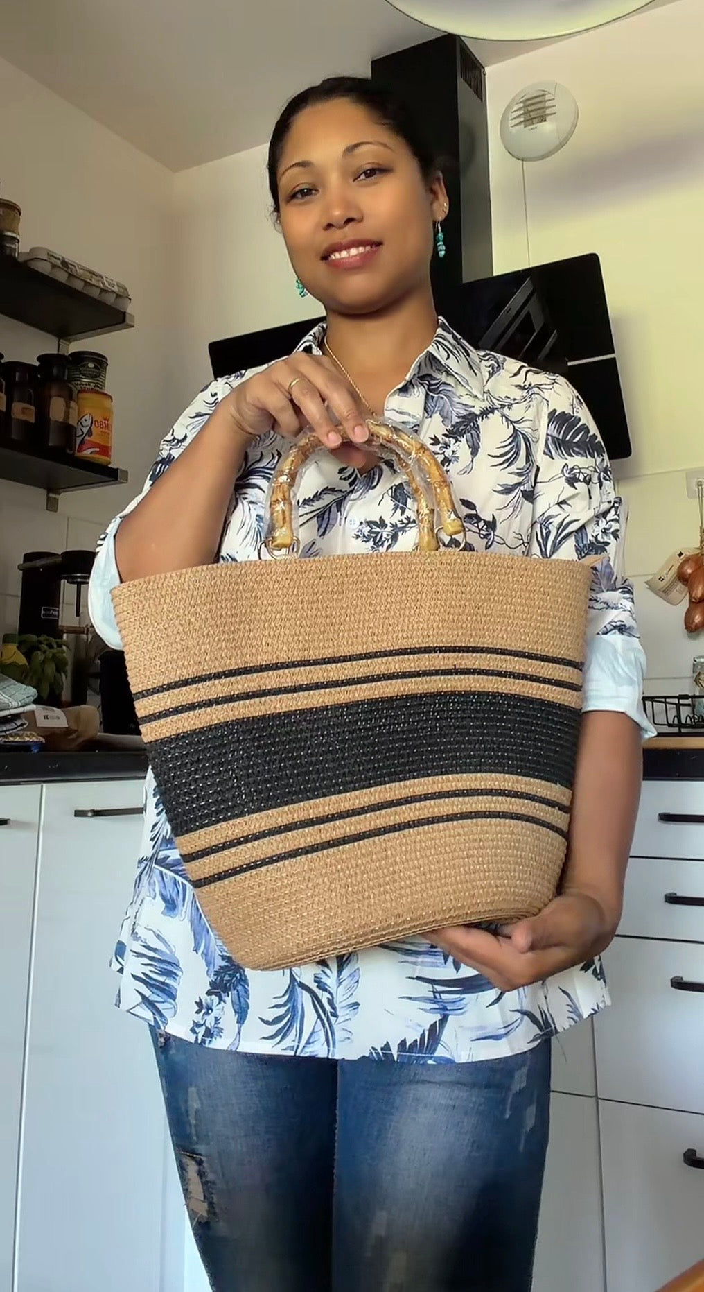 Sac Cabas de Plage Bohème Chic – Anses Effet Bambou & Rayures Noires