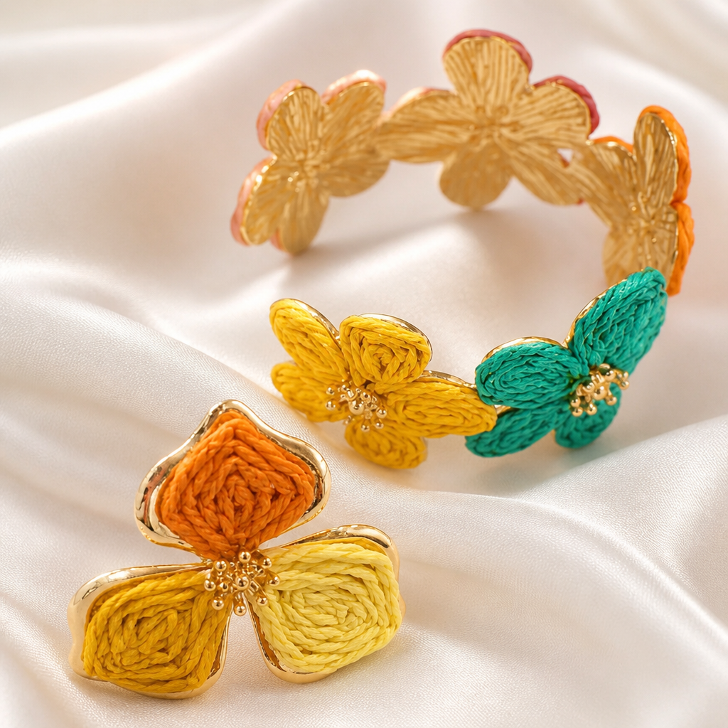 Parure "Jardin Exotique" : Bracelet Manchette & Bague Fleur en Raphia Multicolore