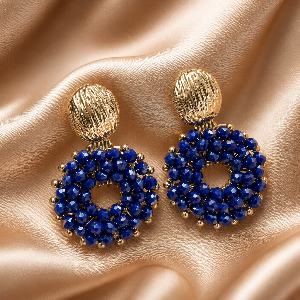 Boucles d'Oreilles Pendantes "Bleu Royal" en Cristal de Verre & Doré KC