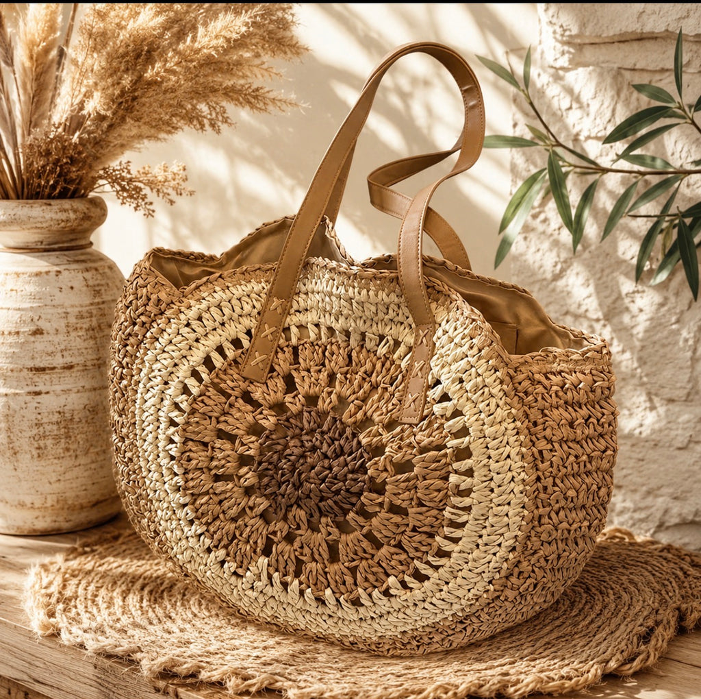 Pack Privilège "Soleil d'Été" – Sac Cabas Tressé et Boucles d'oreilles Coordonnées