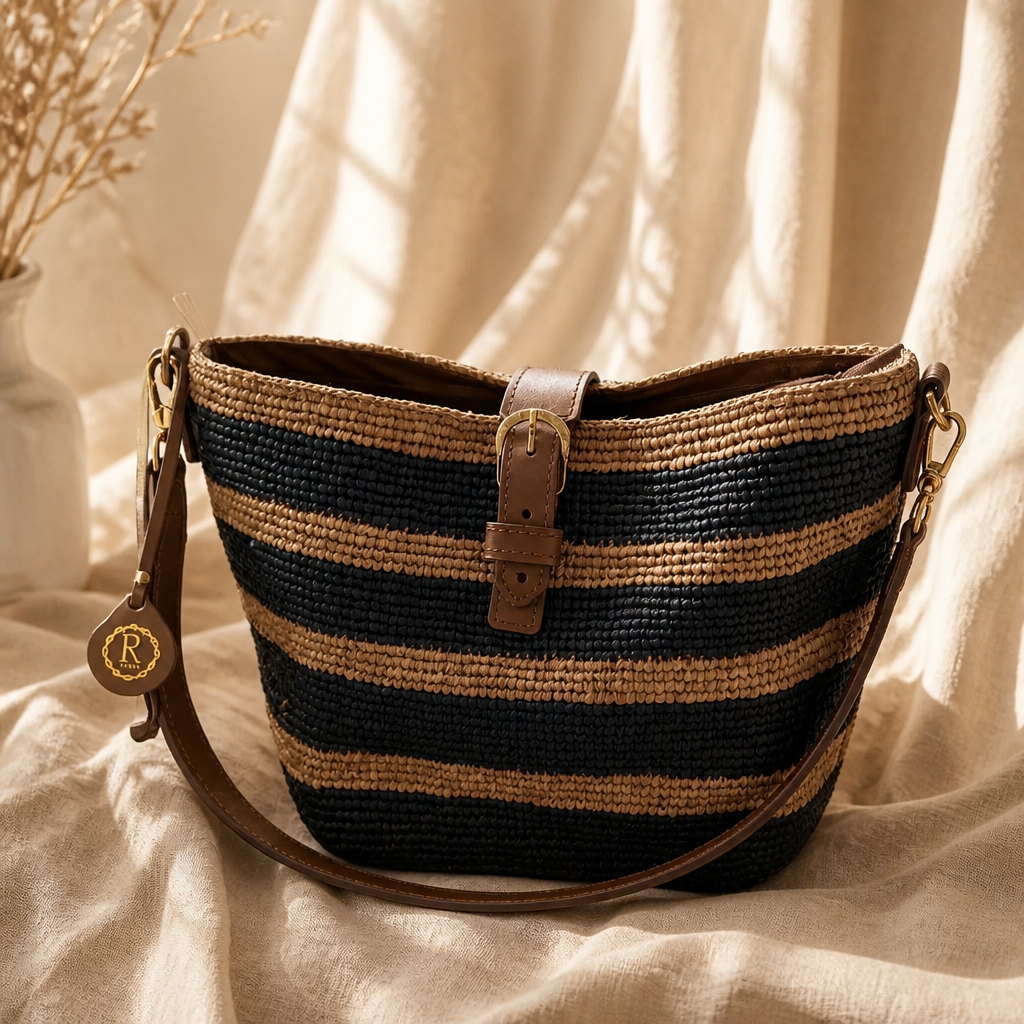 Sac Seau Artisanal Rayé en Raphia et Cuir Véritable de Vachette