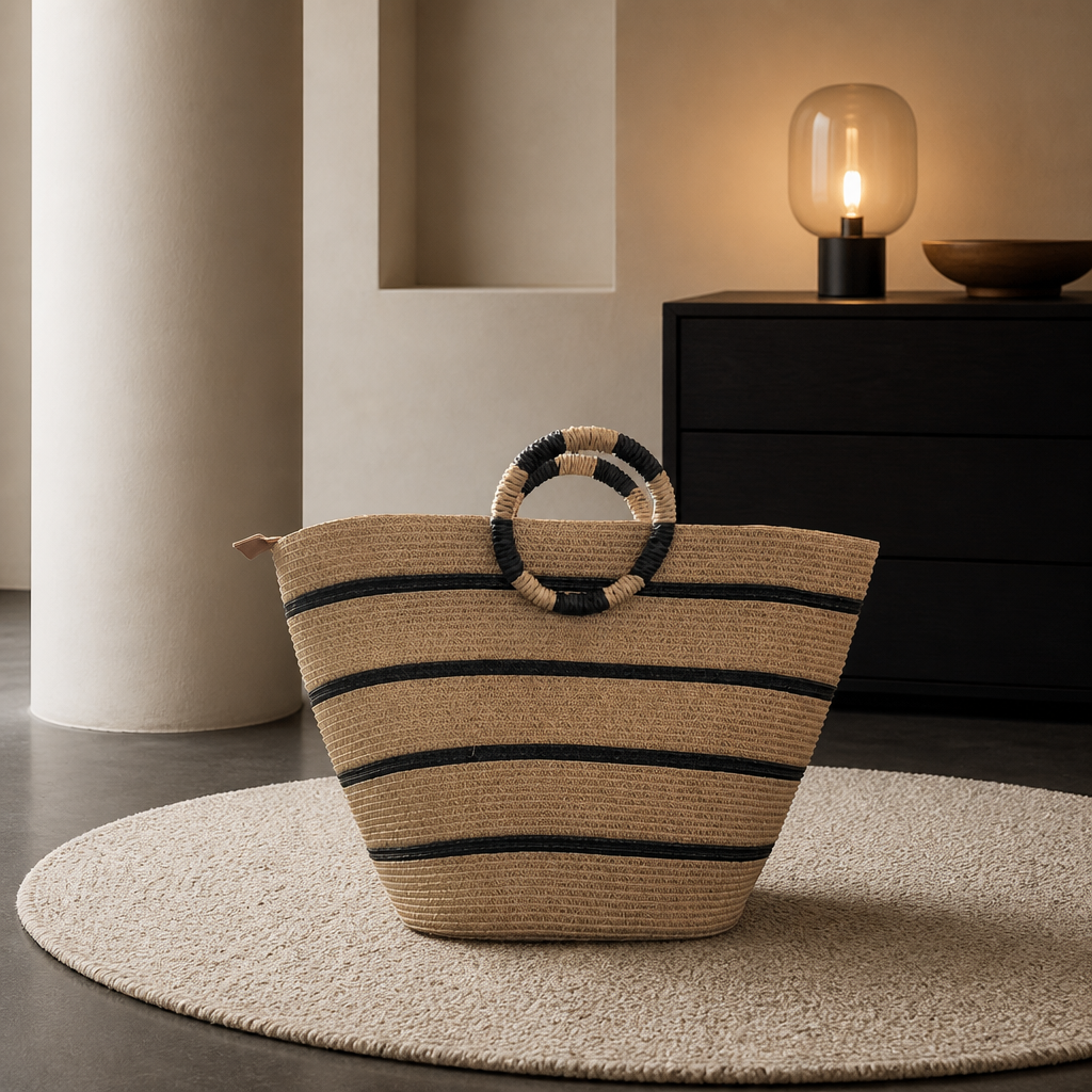 Grand Sac Cabas de Plage Graphique – Anses Rondes & Rayures Marines