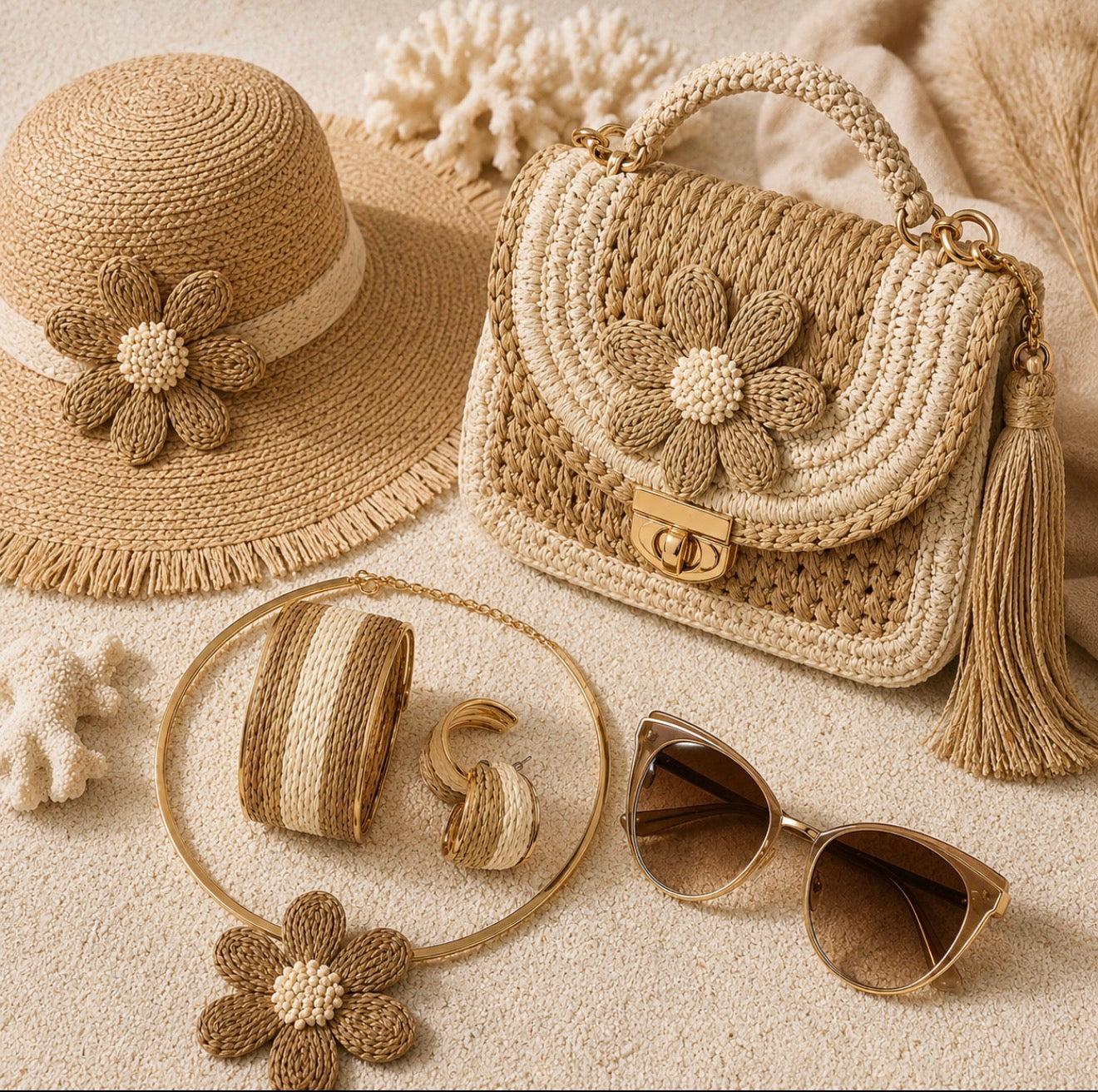 "Éclat Solaire : Parure Complète Boho-Chic Raphia & Or