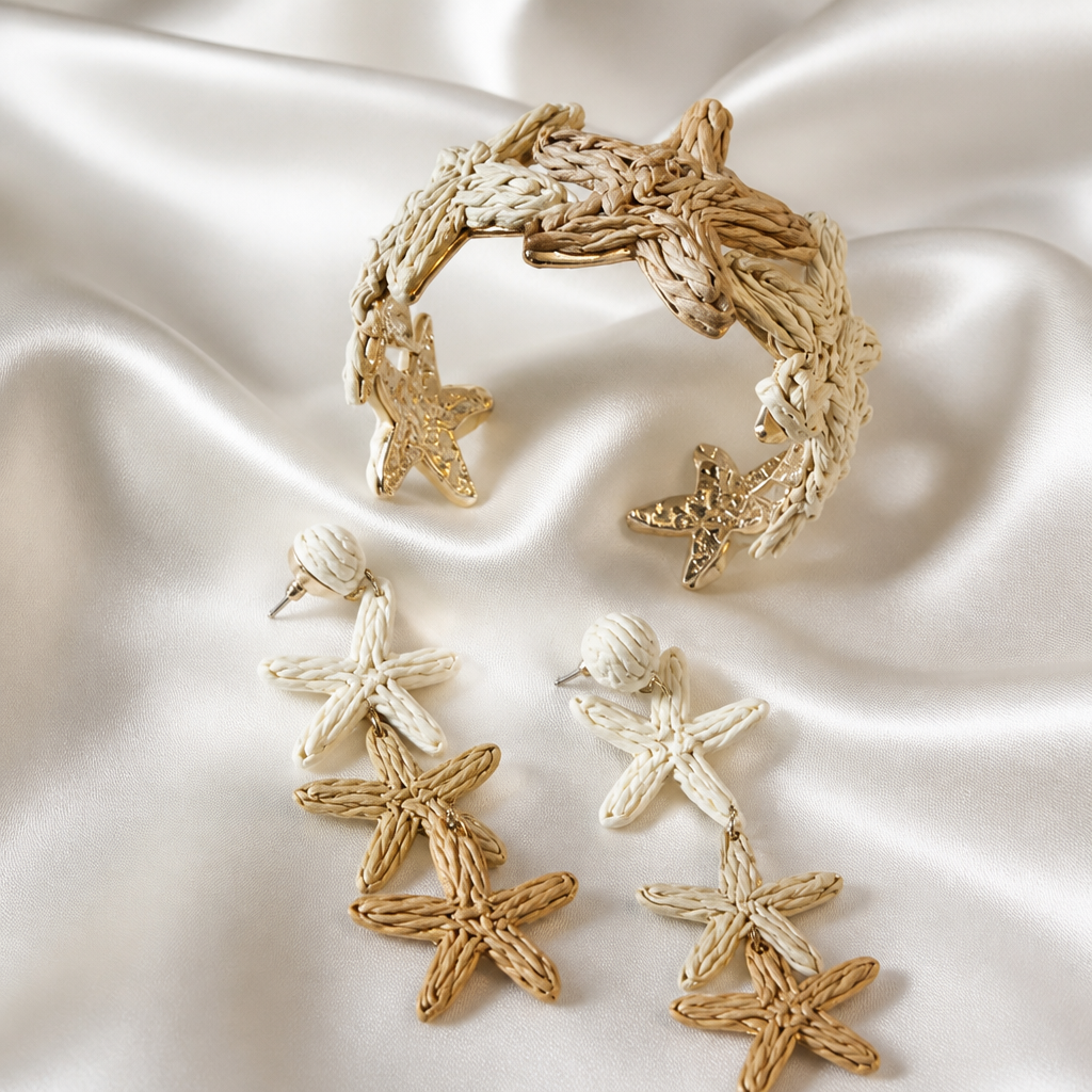 Parure de Bijoux "Étoiles de mer" - Bracelet Manchette et Boucles d'oreilles en Raphia Naturel