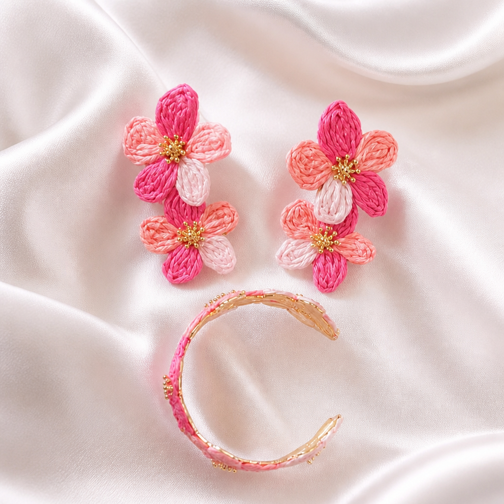 Parure "Éclat Botanique" : Bracelet Manchette & Boucles d’oreilles Fleurs en Raphia Rose
