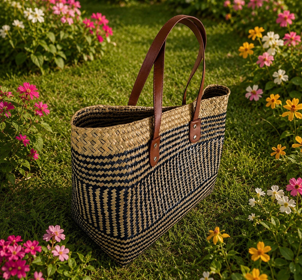 Grand Sac Cabas Bohème Chic – Tressage Bicolore & Anses Cuir