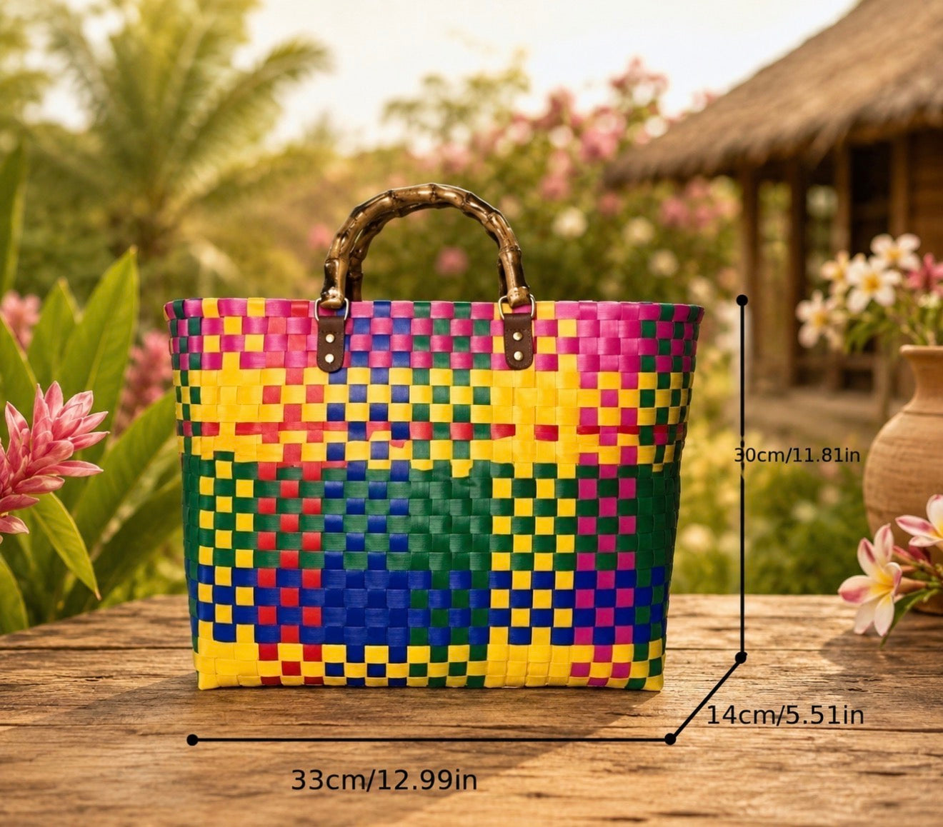 Grand Cabas Tressé Multicolore « Exotique Chic » – Anses en Bambou
