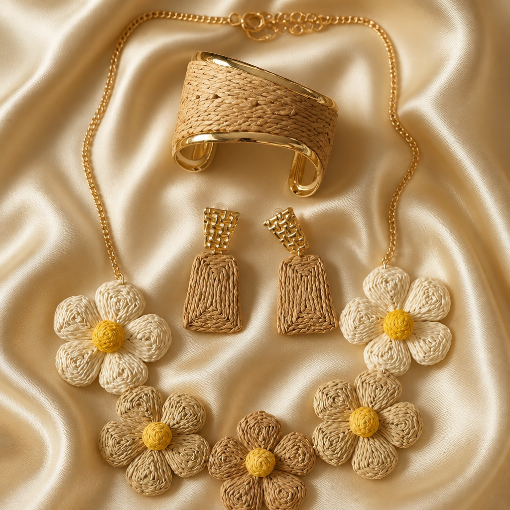 Ensemble Parure Bohème "Douceur Solaire" – Collier Floral, Bracelet Jonc & Boucles d'Oreilles