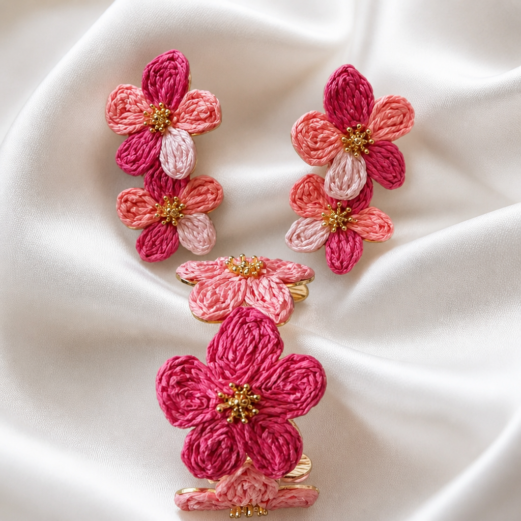 Parure "Éclat Botanique" : Bracelet Manchette & Boucles d’oreilles Fleurs en Raphia Rose