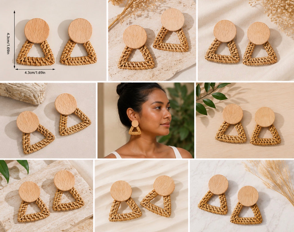 Boucles d'Oreilles "Naomi" Graphiques en Bois et Triangle Rotin Tressé