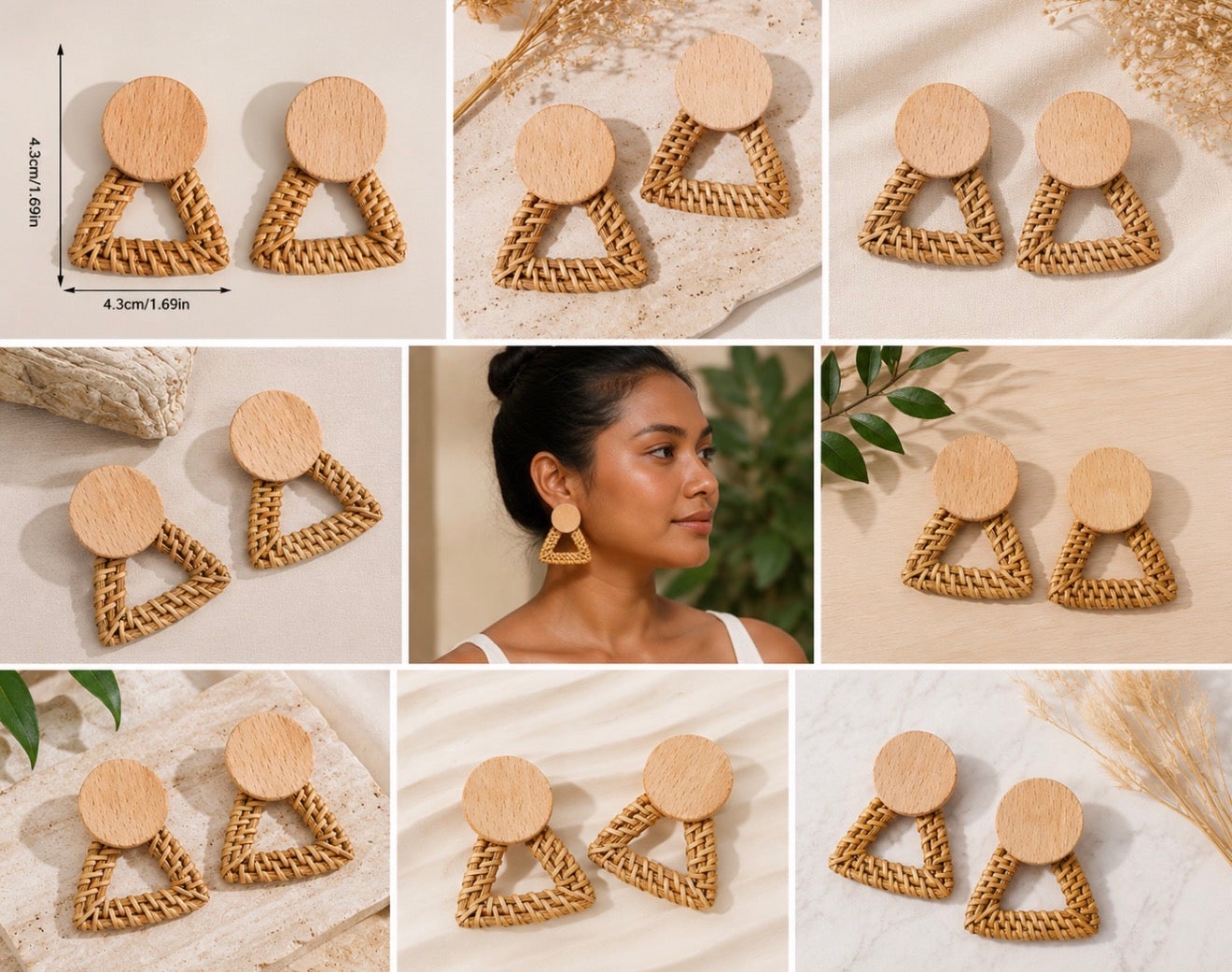 Boucles d'Oreilles "Naomi" Graphiques en Bois et Triangle Rotin Tressé