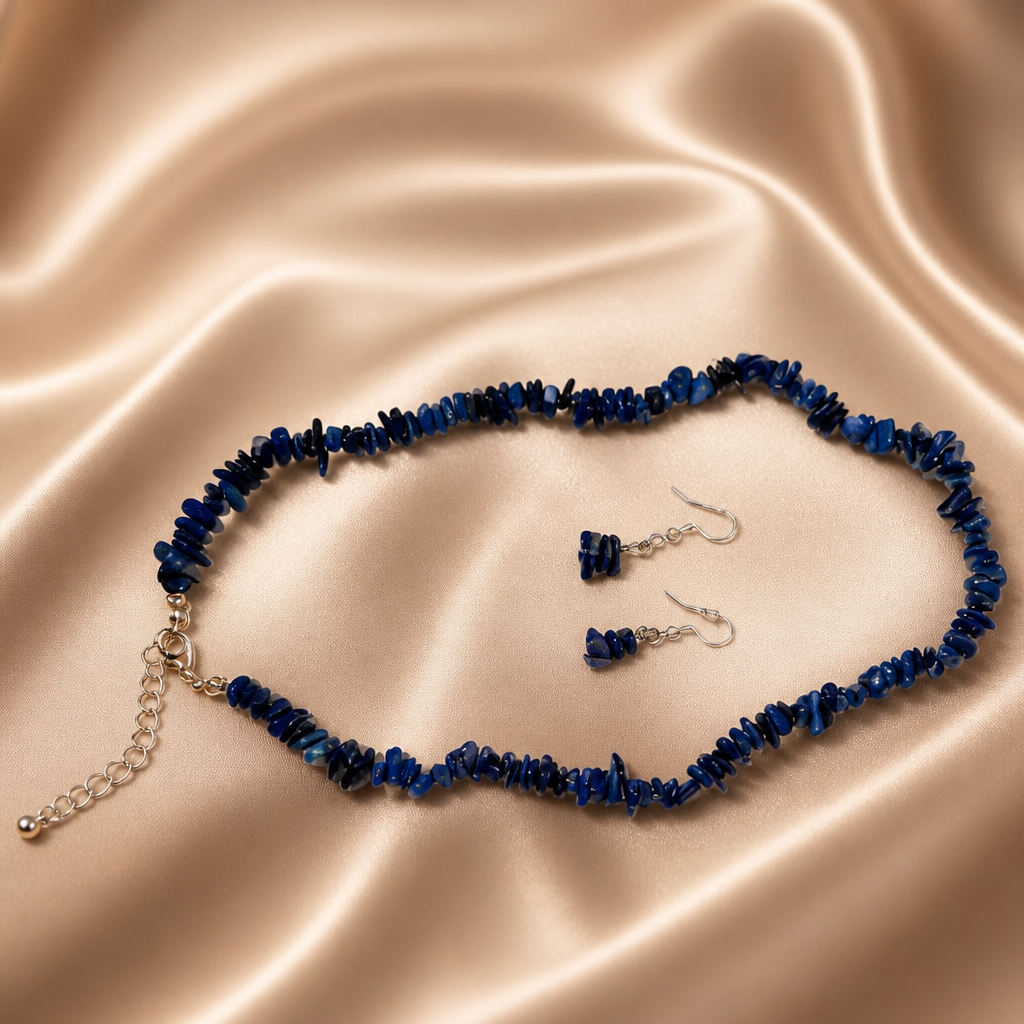 Parure Collier et Boucles d'Oreilles en Pierres Naturelles Bleu Nuit