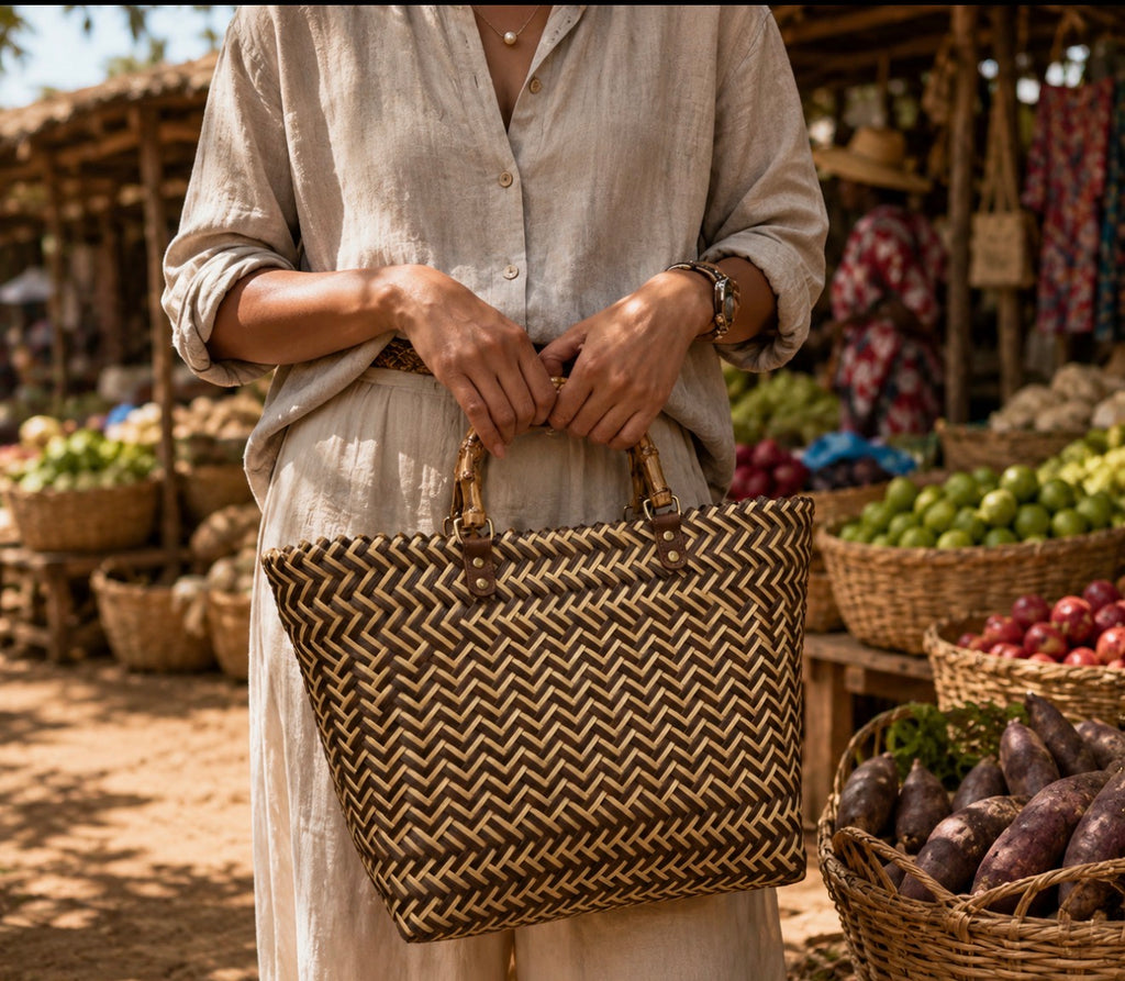 Grand Cabas Tressé Main Bicolore – L’Élégance Artisanale Authentique.