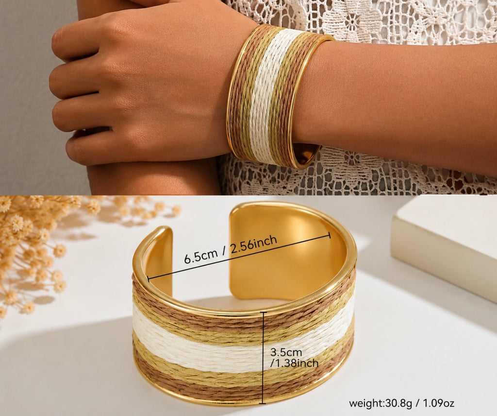 Bracelet Manchette Bohème en Raphia Tissé et Métal Doré