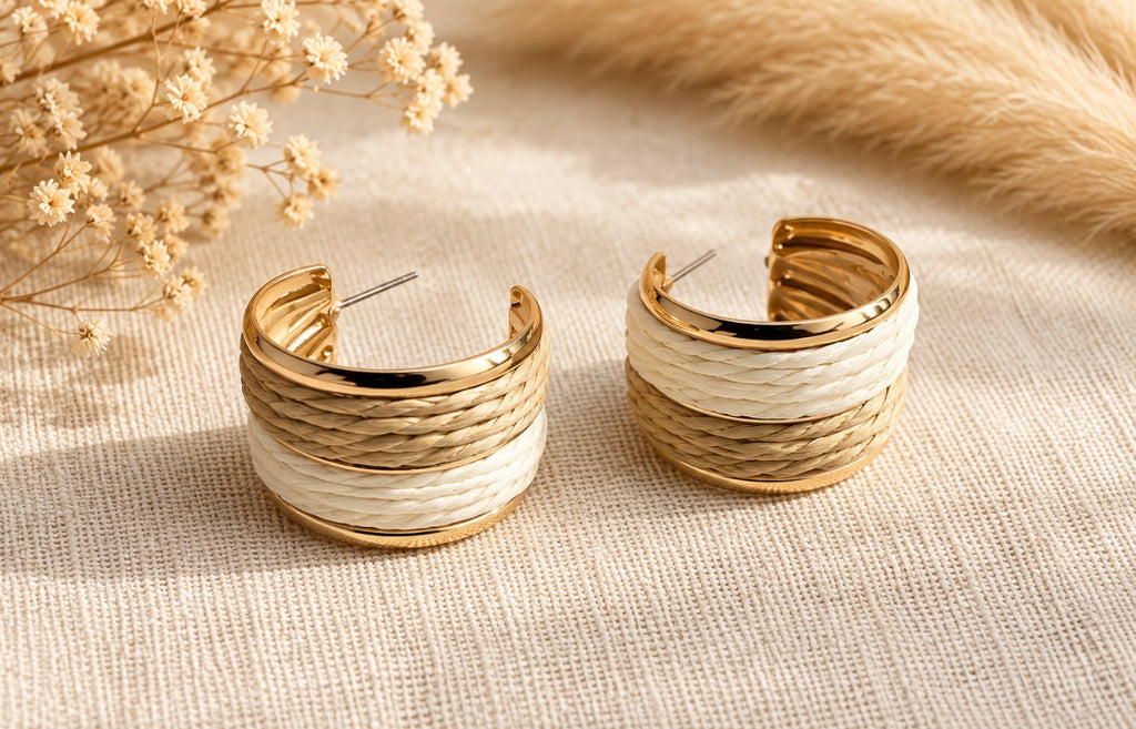 Boucles d'Oreilles Créoles Demi-Lune en Raphia Tissé Bicolore – Style Bohème Chic