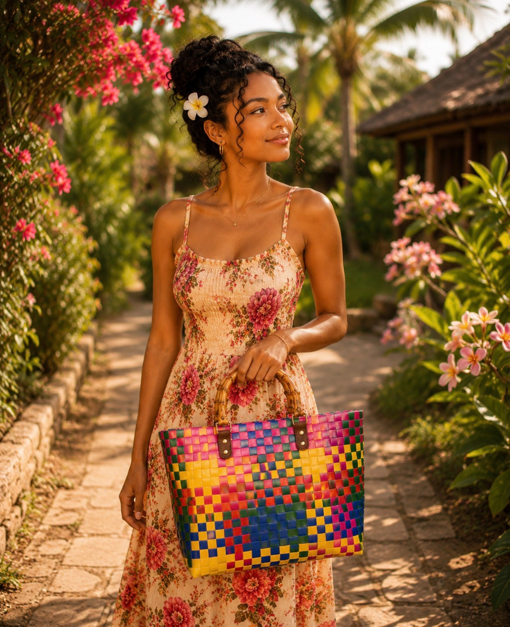 Grand Cabas Tressé Multicolore « Exotique Chic » – Anses en Bambou