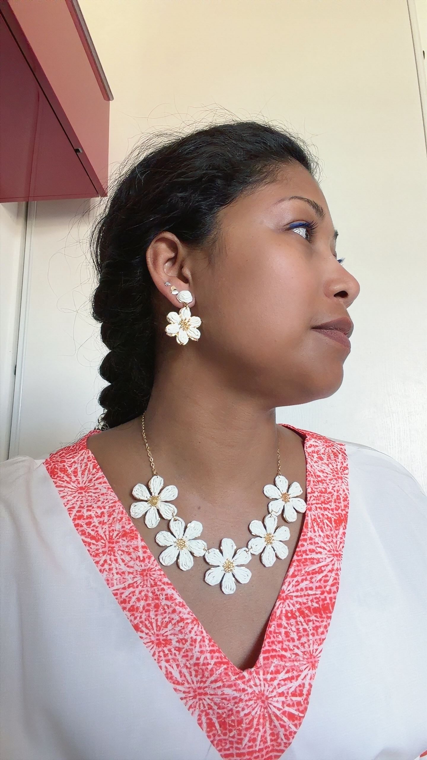 Parure Bohème Fleurs en Raphia Blanc Tissé Main – Collier Pendentif & Boucles d'Oreilles Assorties