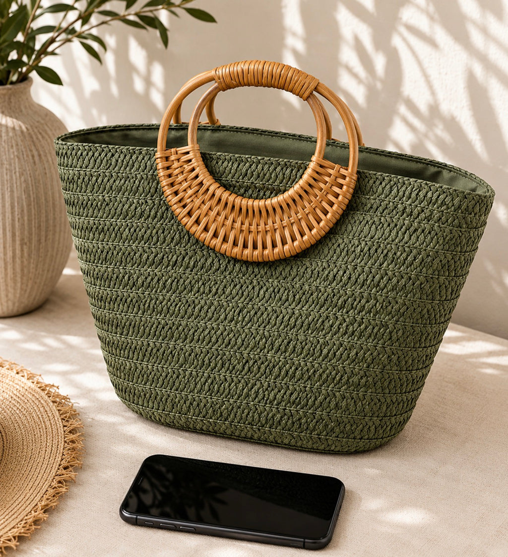 Sac Cabas en Paille Tressée Vert Olive – L'Allié Chic de votre Été