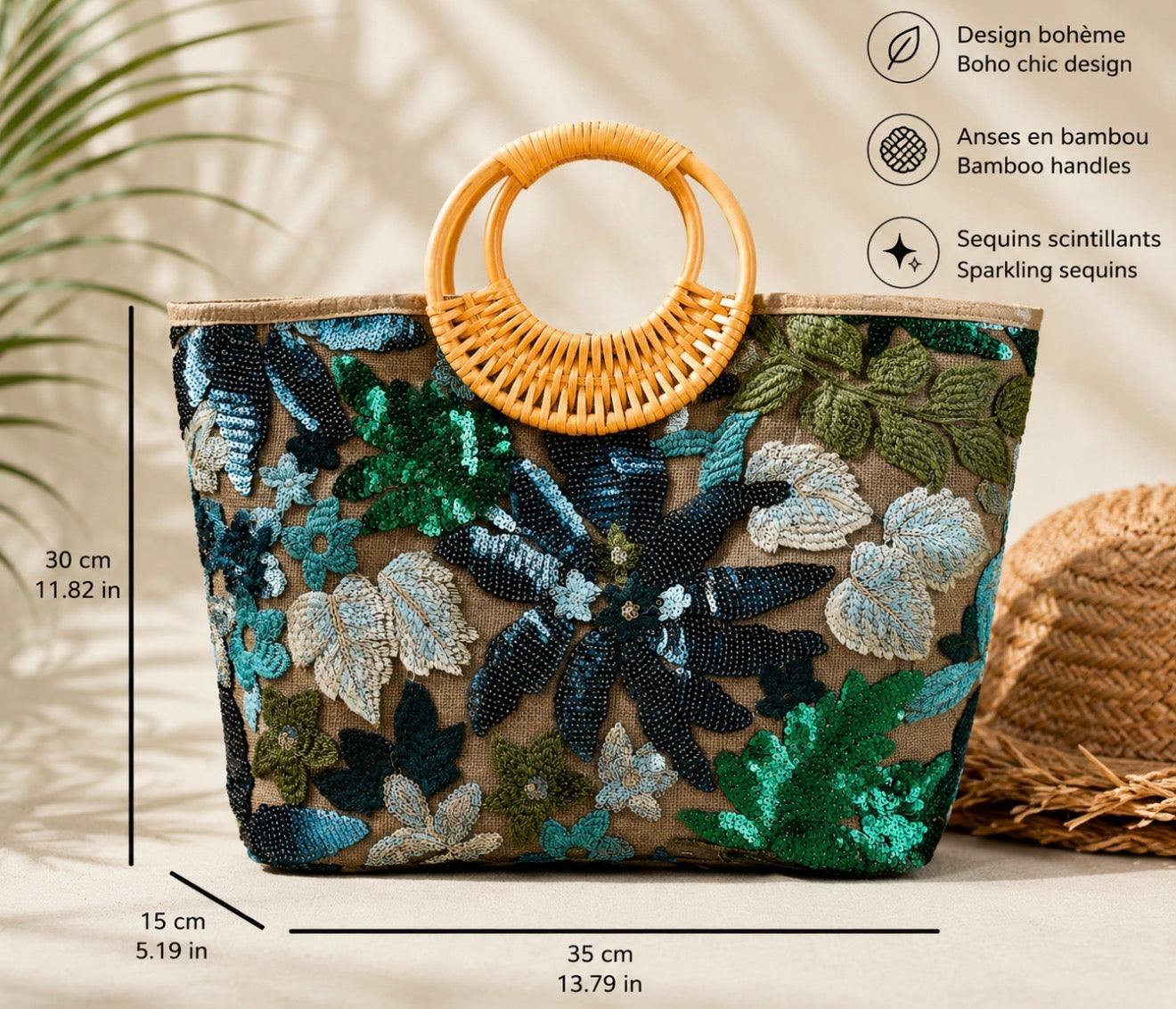 Sac Panier Bohème-Chic Brodé de Sequins – Éclat Floral d'Été