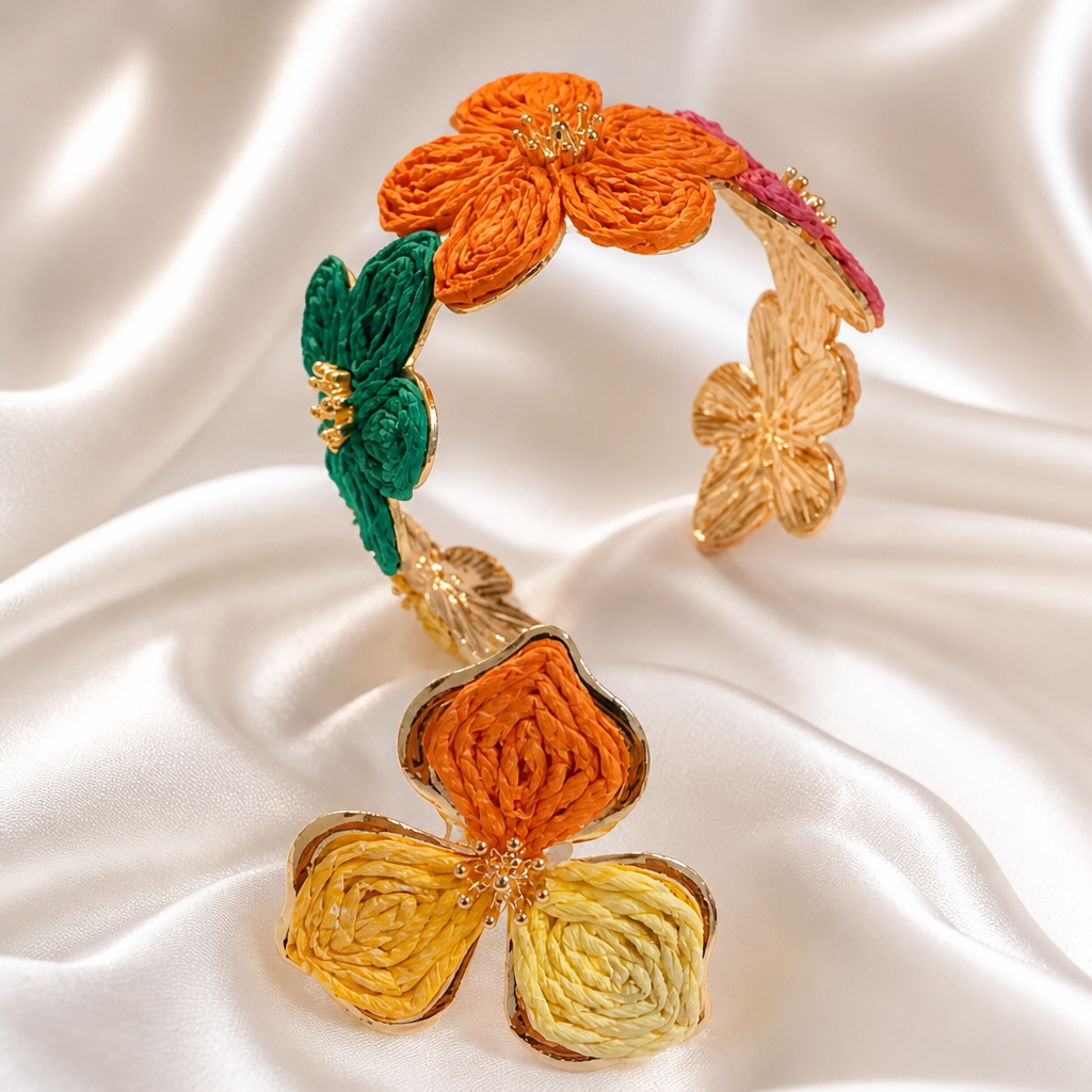 Parure "Jardin Exotique" : Bracelet Manchette & Bague Fleur en Raphia Multicolore
