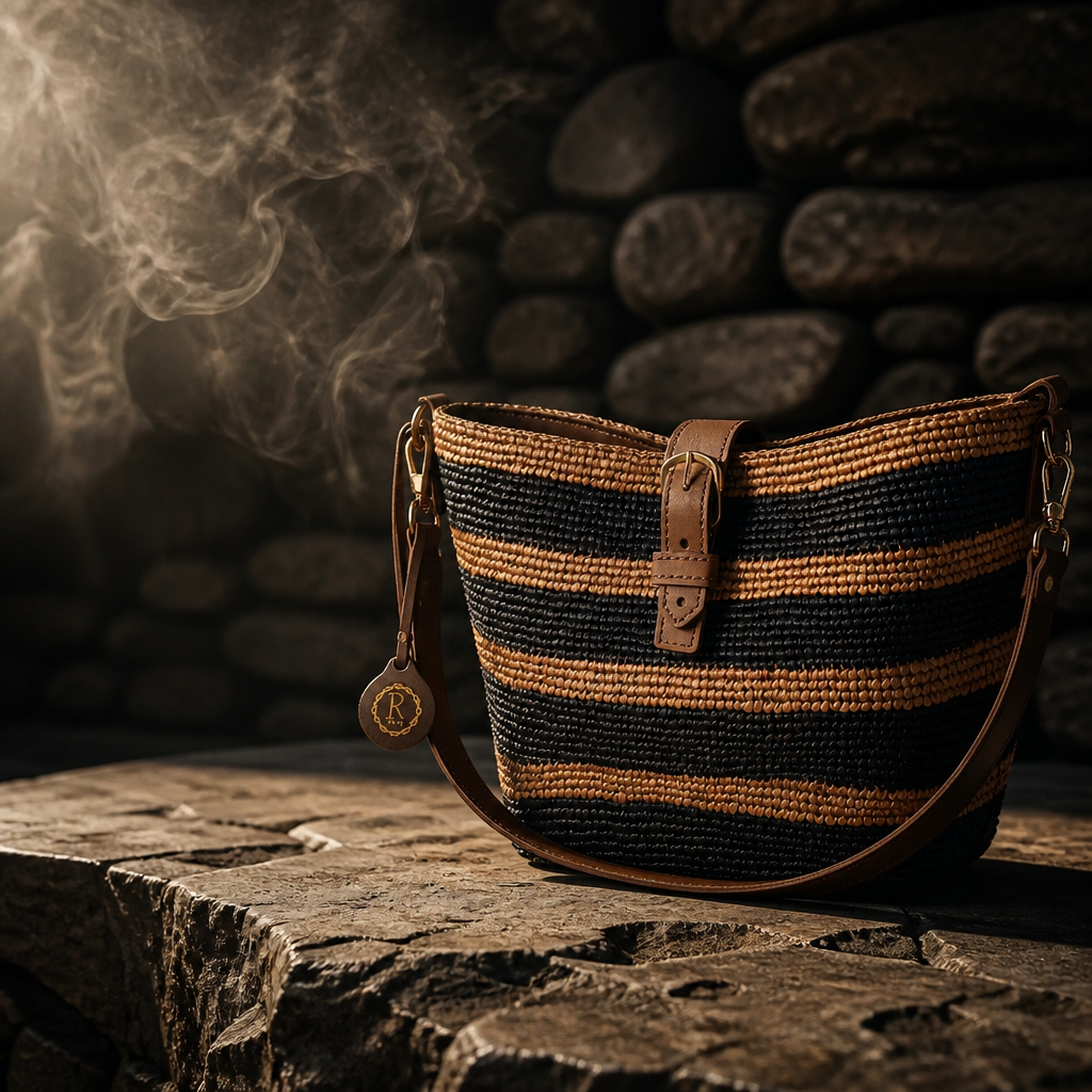 Sac Seau Artisanal Rayé en Raphia et Cuir Véritable de Vachette