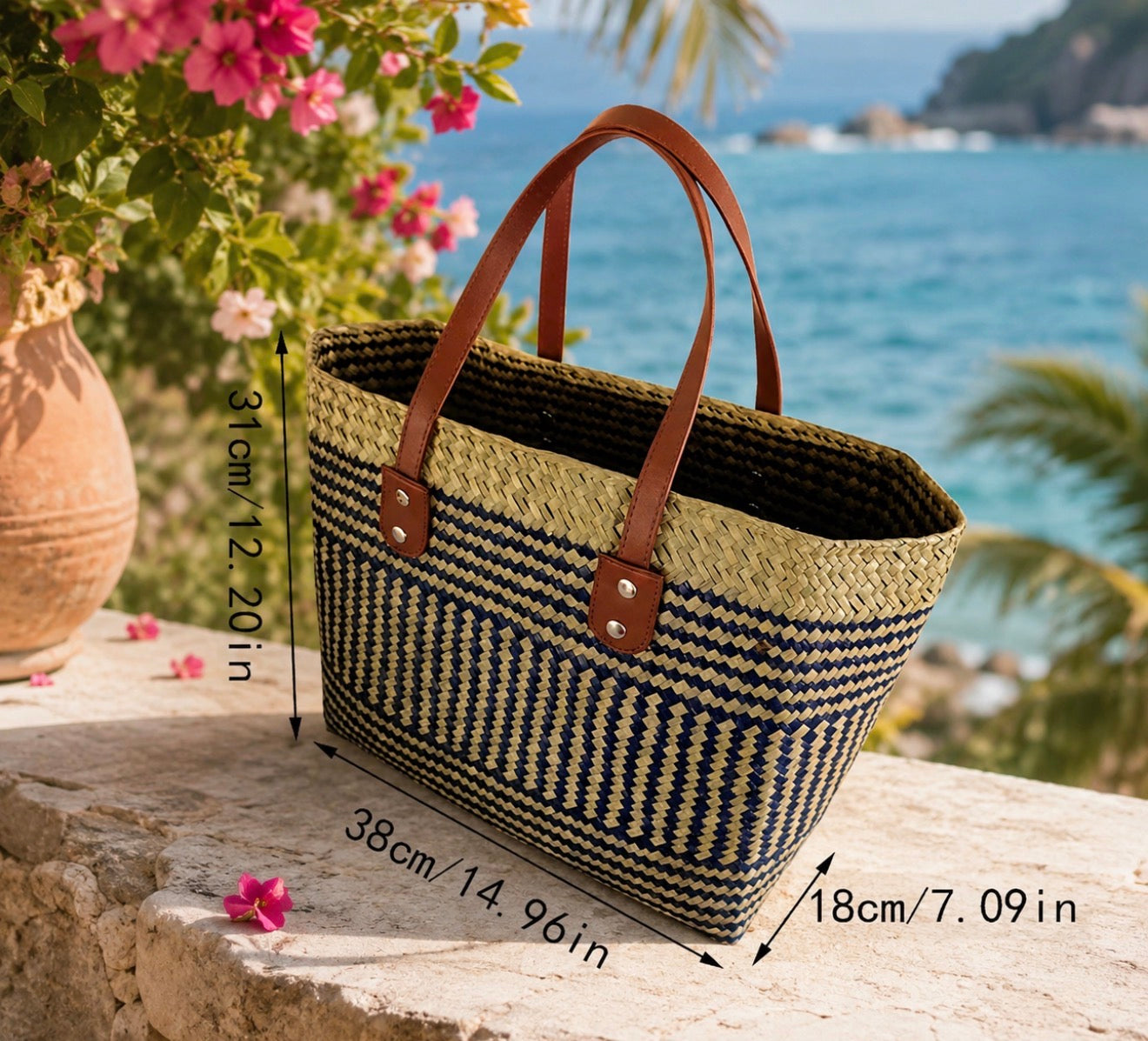 Grand Sac Cabas Bohème Chic – Tressage Bicolore & Anses Cuir