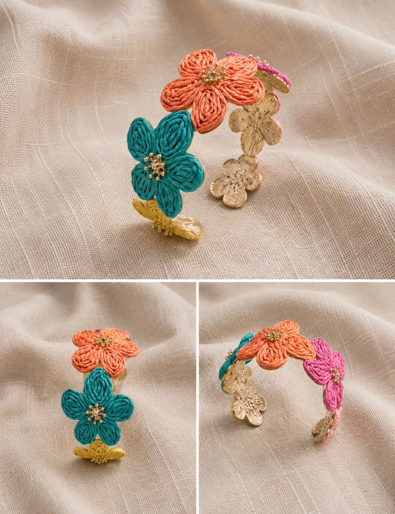 Bracelet Jonc Manchette Fleurs en Raphia Multicolore et Or – Style Bohème Floral