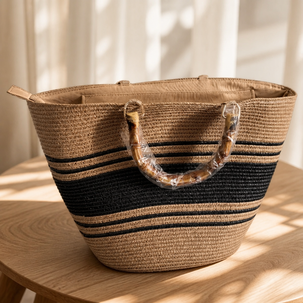 Sac Cabas de Plage Bohème Chic – Anses Effet Bambou & Rayures Noires