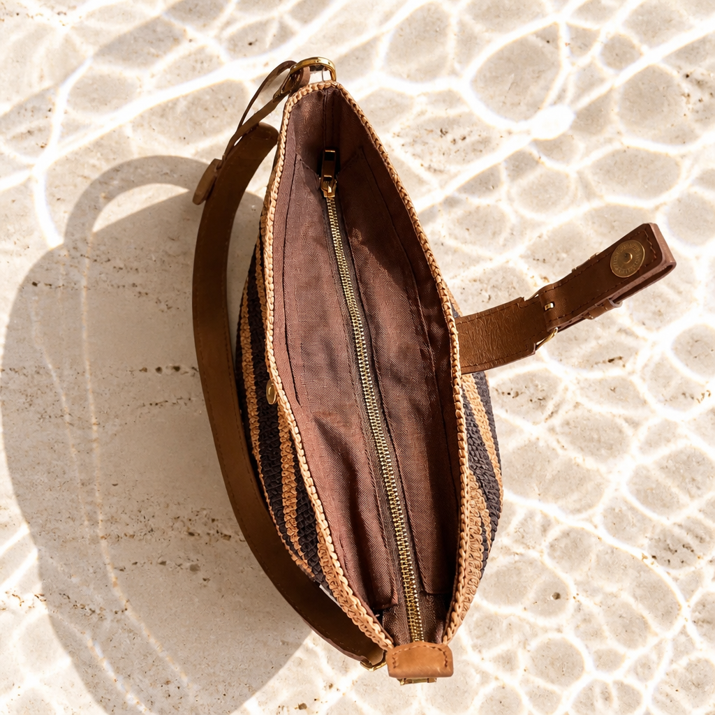 Sac Seau Artisanal Rayé en Raphia et Cuir Véritable de Vachette