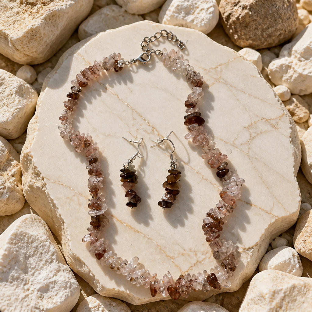 Parure Collier et Boucles d'Oreilles en Pierres Naturelles Bleu Nuit et marrons multicolores, verte d’agate.