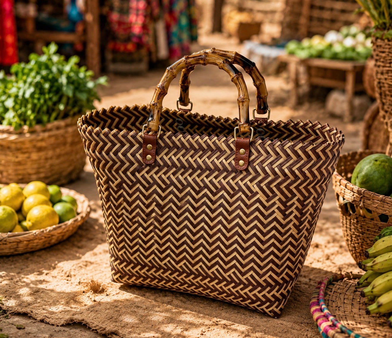 Grand Cabas Tressé Main Bicolore – L’Élégance Artisanale Authentique.